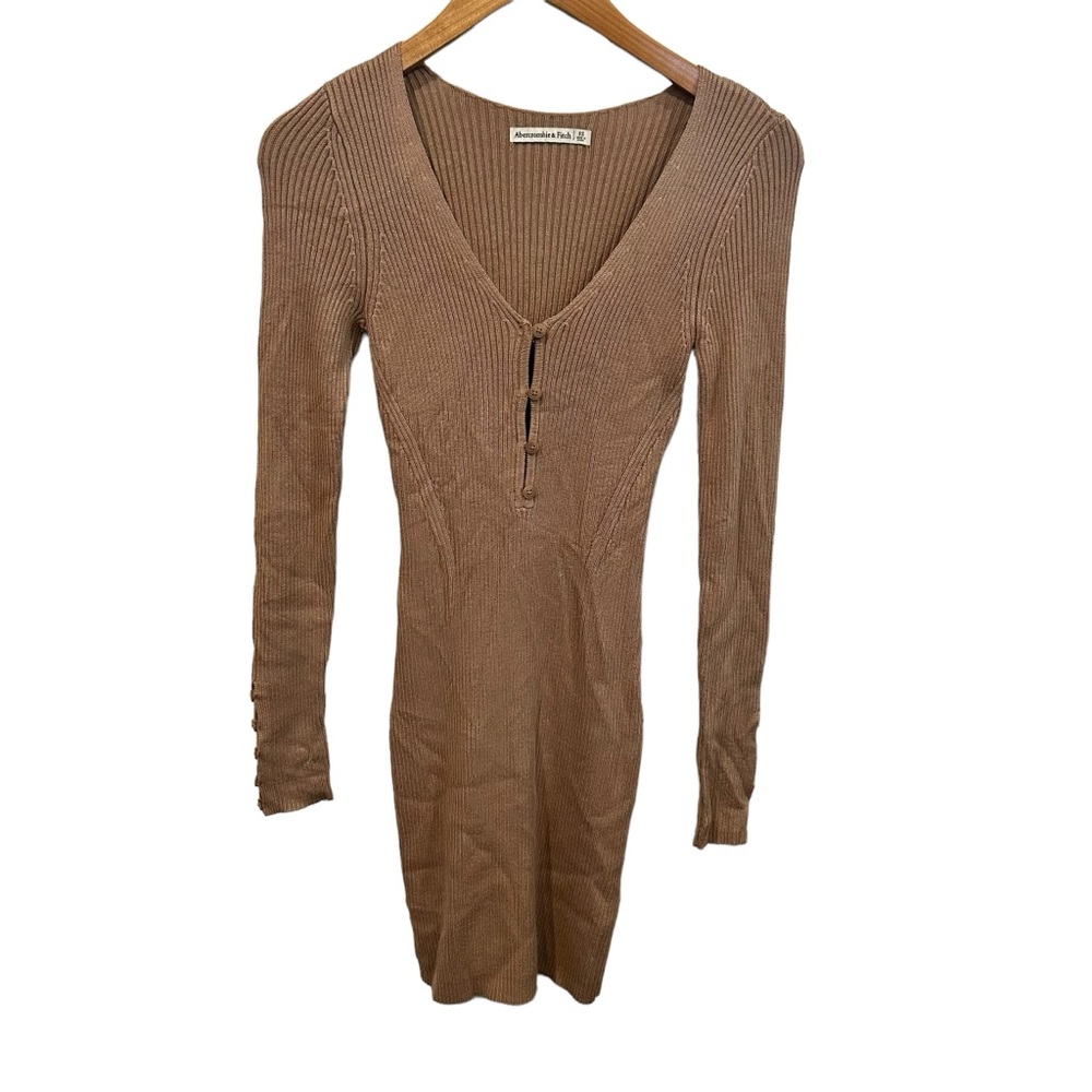 Abercrombie & Fitch HENELY Long Sleeve Brown BEIGE Bodycon Dress Stretchy SZ XS